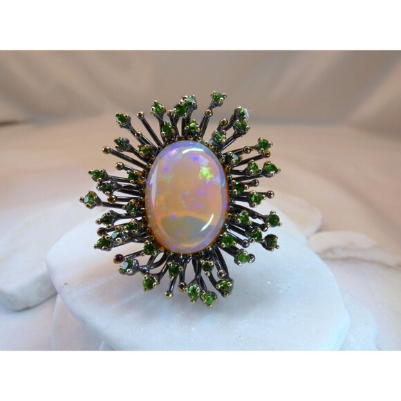 Stunning Huge 13 CT Natural Ethiopian Opal Chrome Diopside Sterling Silver Ring - Picture 6 of 9